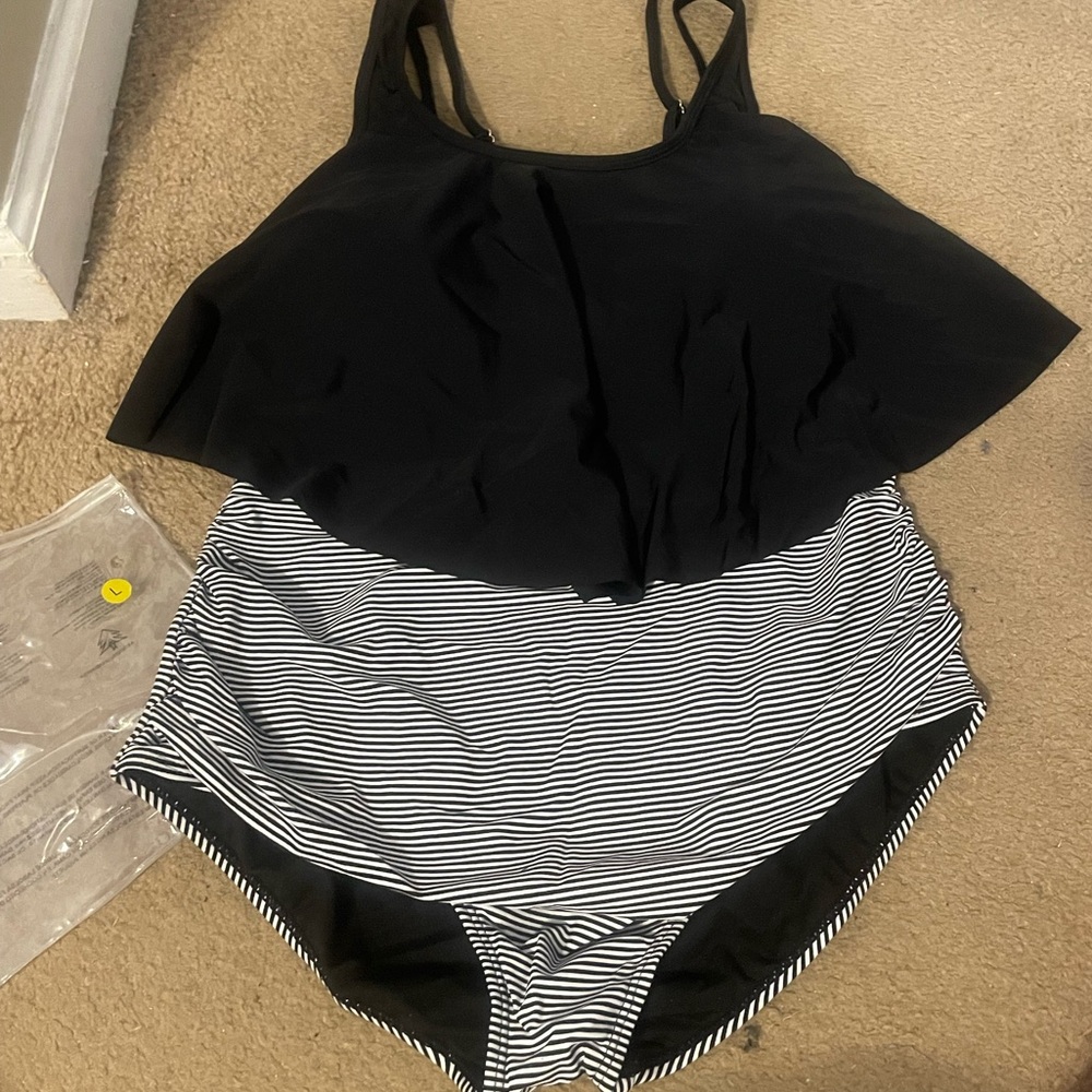 Black and White Striped Swimsuit